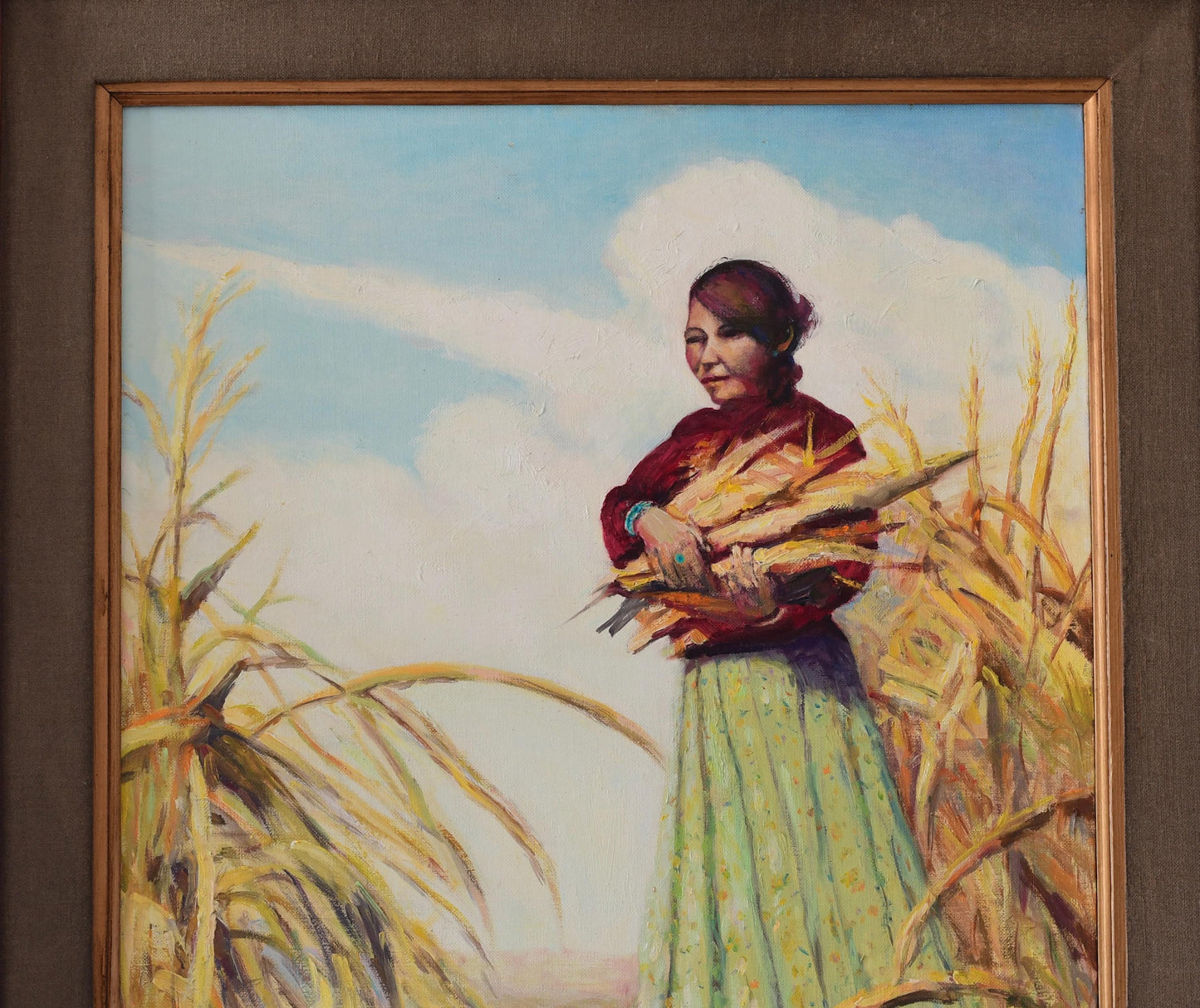 Original Navajo Women Oil Painting Collecting Corn Signed Ada 32” X 28”
