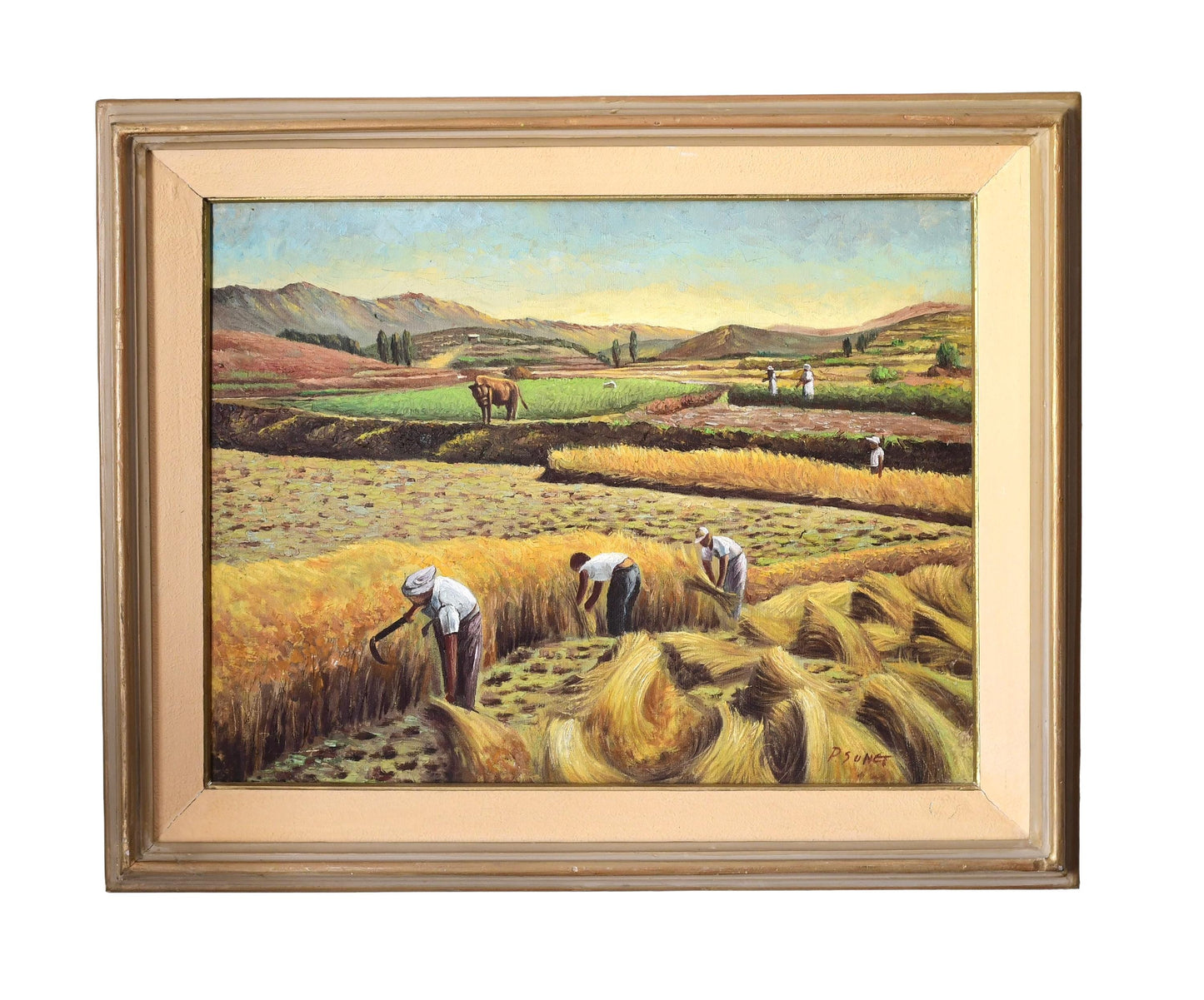 Original Harvesting Oil Painting Signed P. Sunet