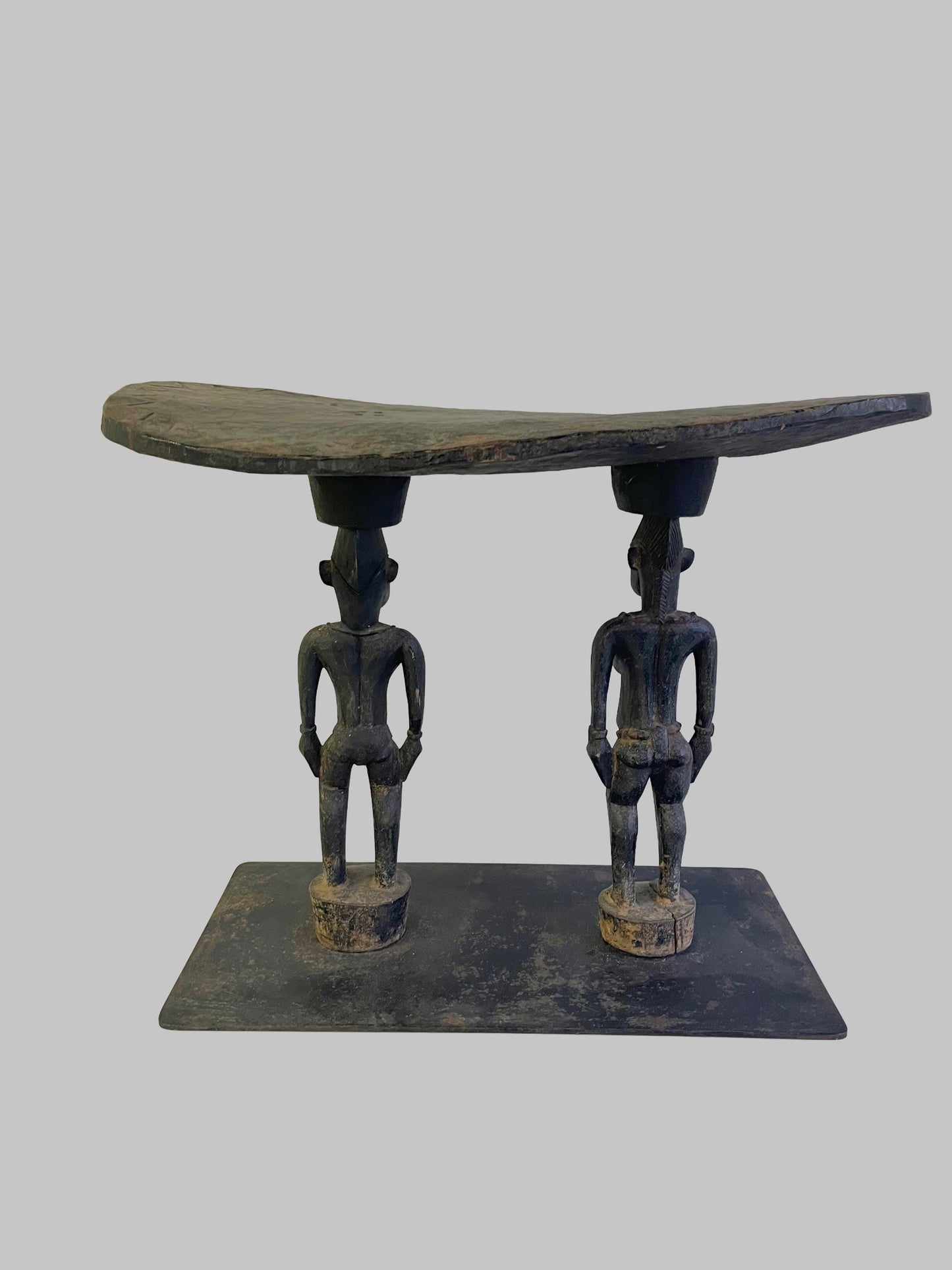 Antique African Primordial Couple Man & Women Hand Carved Wood Stool Bench