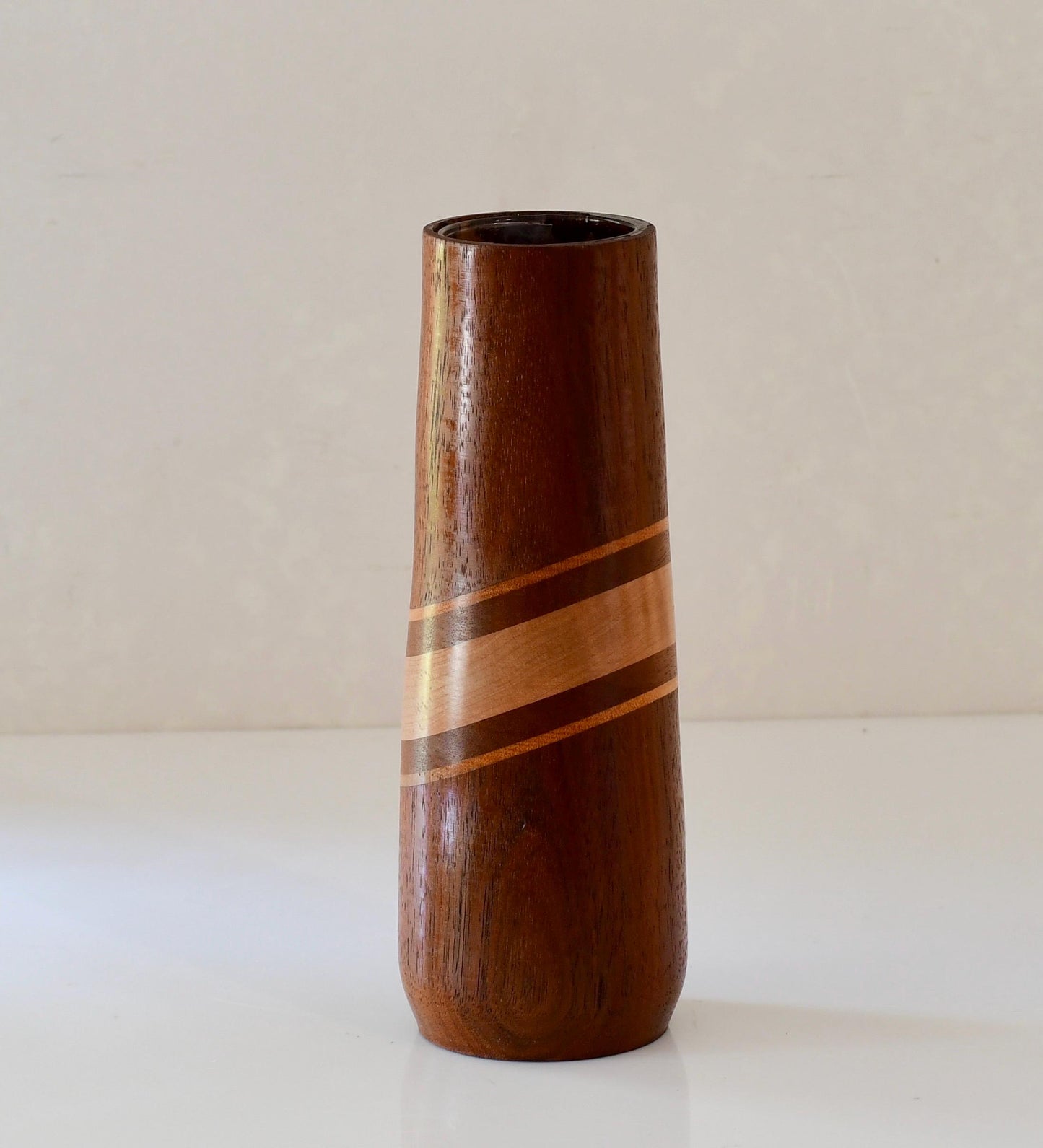 Vintage Mahogany Inlay Handmade Wood Flower Vase Signed Walt