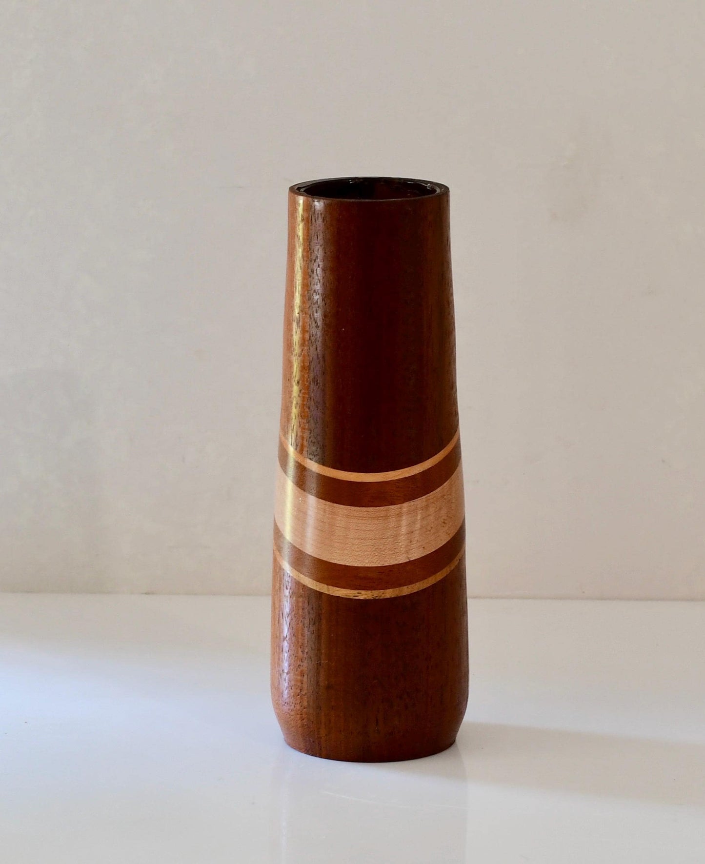 Vintage Mahogany Inlay Handmade Wood Flower Vase Signed Walt