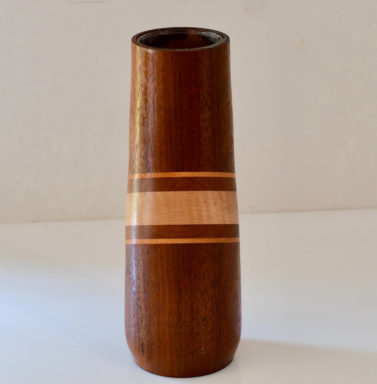 Vintage Mahogany Inlay Handmade Wood Flower Vase Signed Walt
