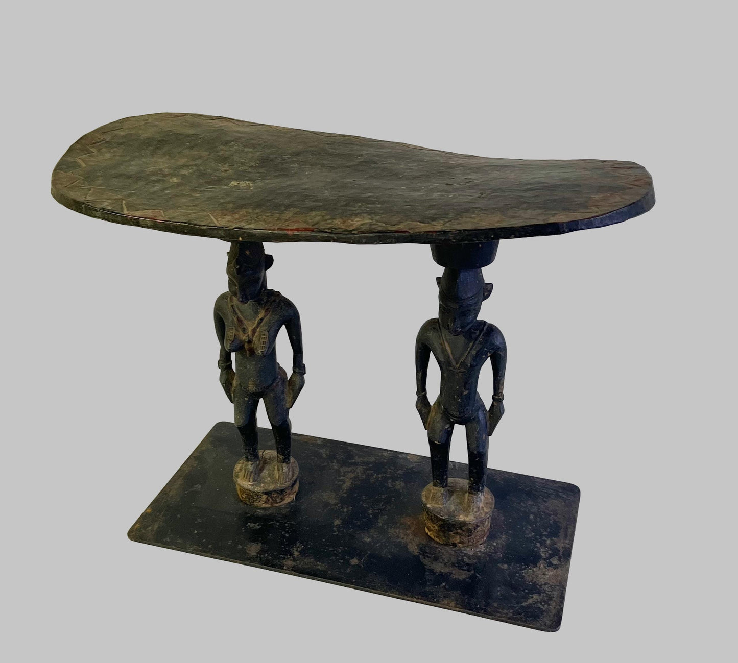 Antique African Primordial Couple Man & Women Hand Carved Wood Stool Bench
