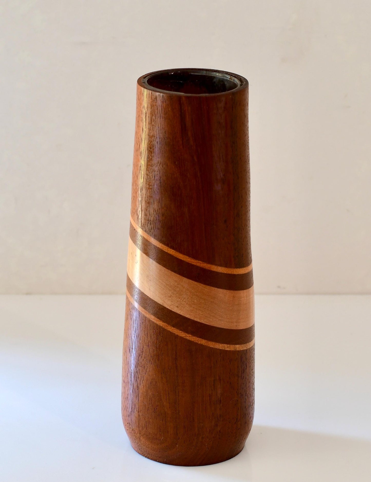 Vintage Mahogany Inlay Handmade Wood Flower Vase Signed Walt