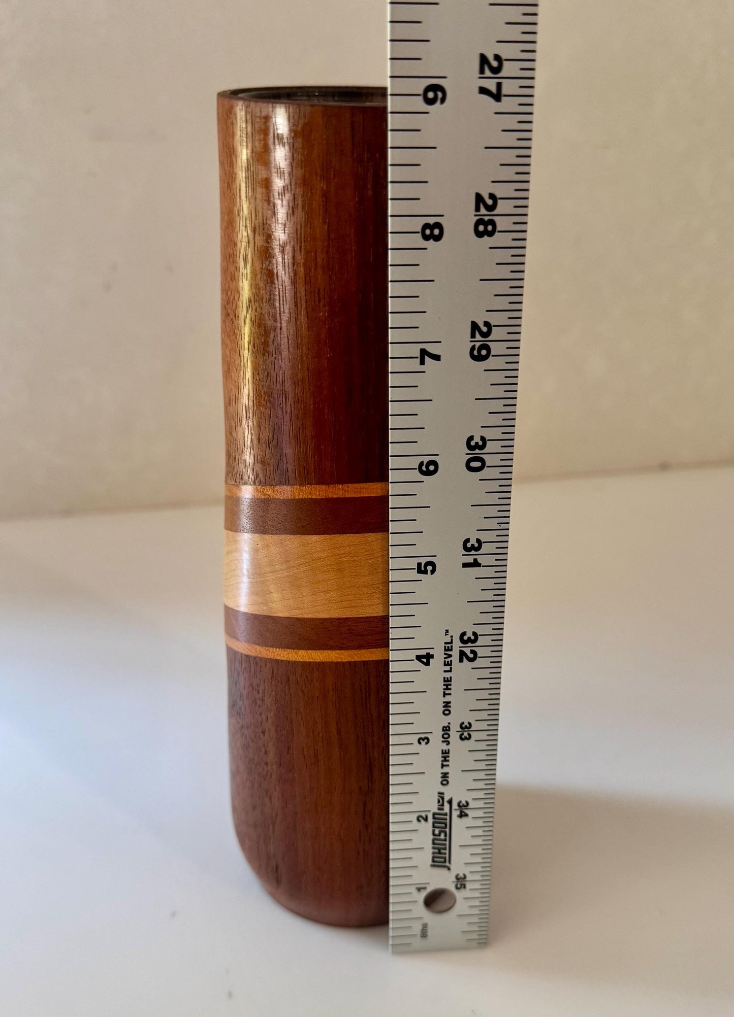 Vintage Mahogany Inlay Handmade Wood Flower Vase Signed Walt