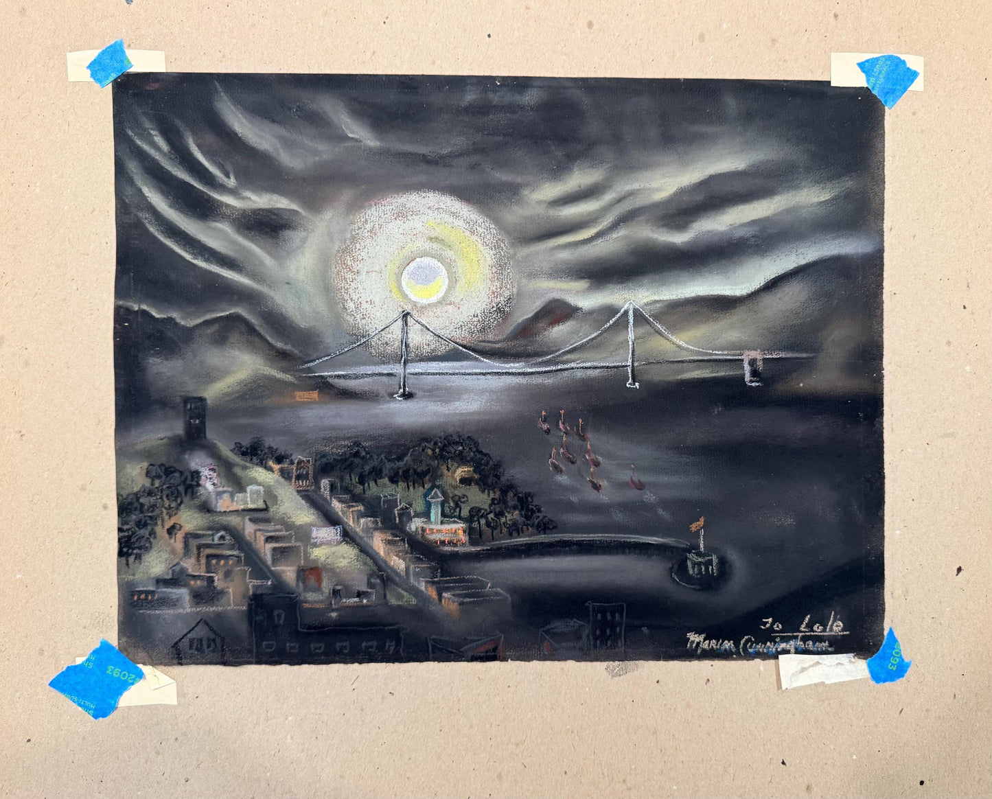 Original Marion Osborn Cunningham Pastel Painting Of San Francisco Bay
