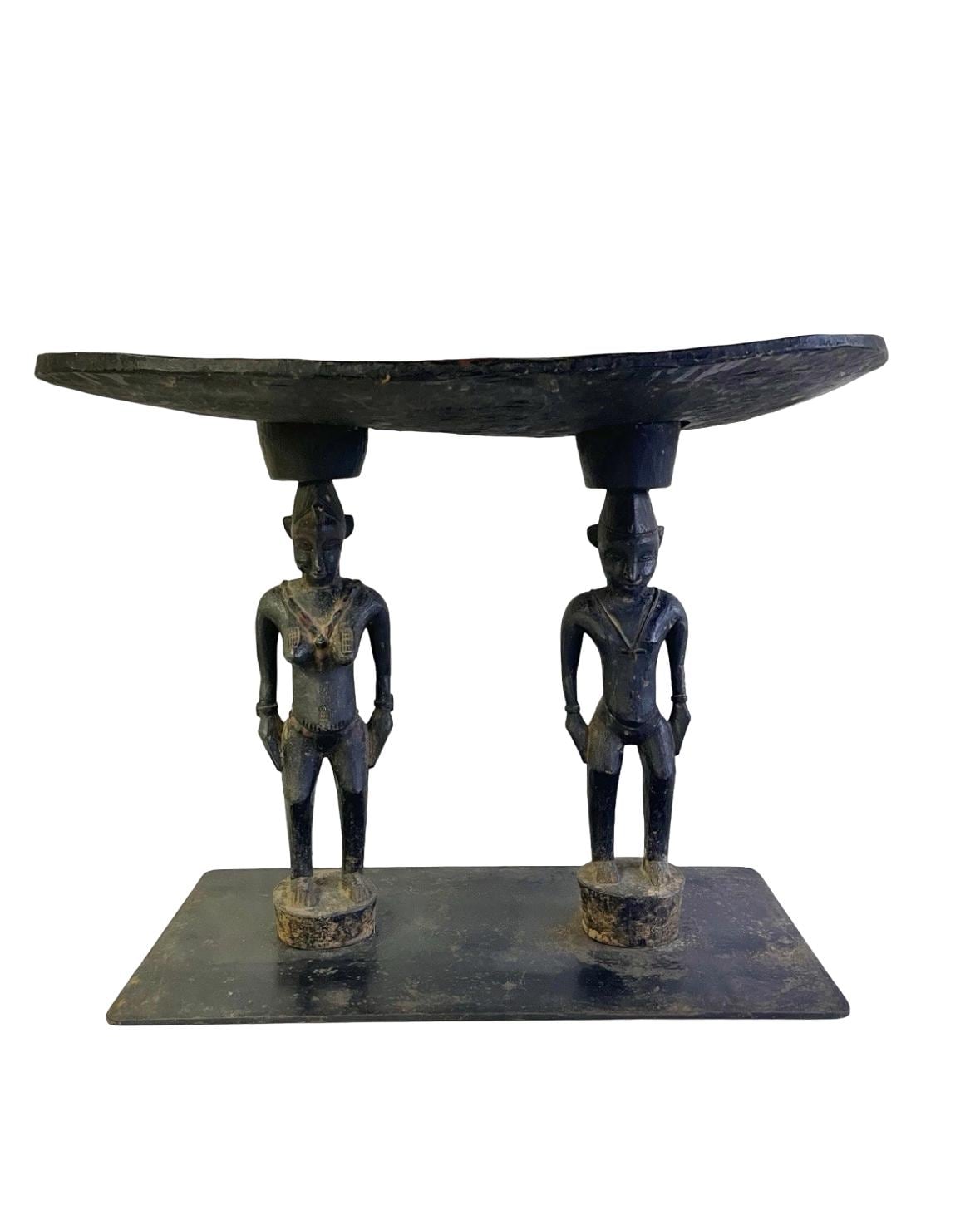 Antique African Primordial Couple Man & Women Hand Carved Wood Stool Bench