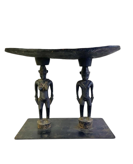 Antique African Primordial Couple Man & Women Hand Carved Wood Stool Bench