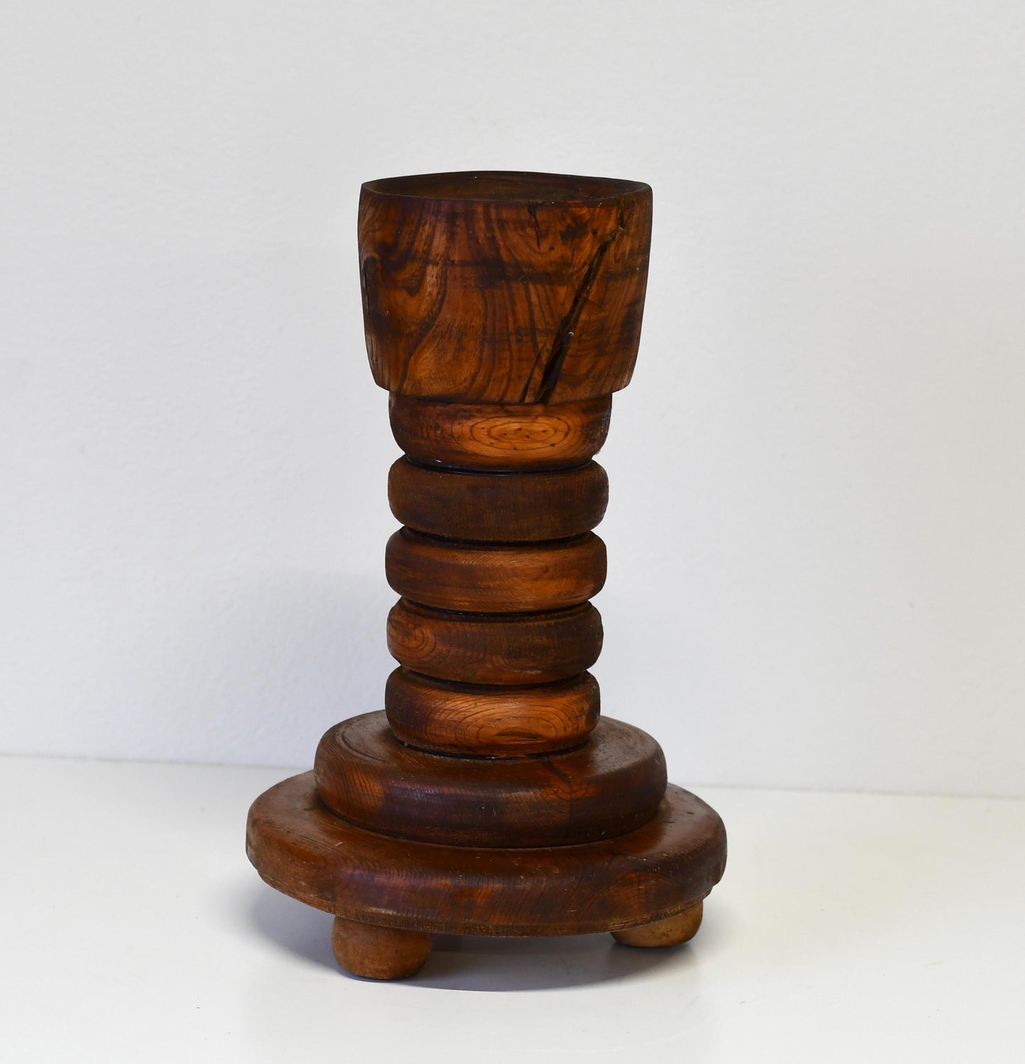 Vintage Handmade Wood Floor Candle Holder