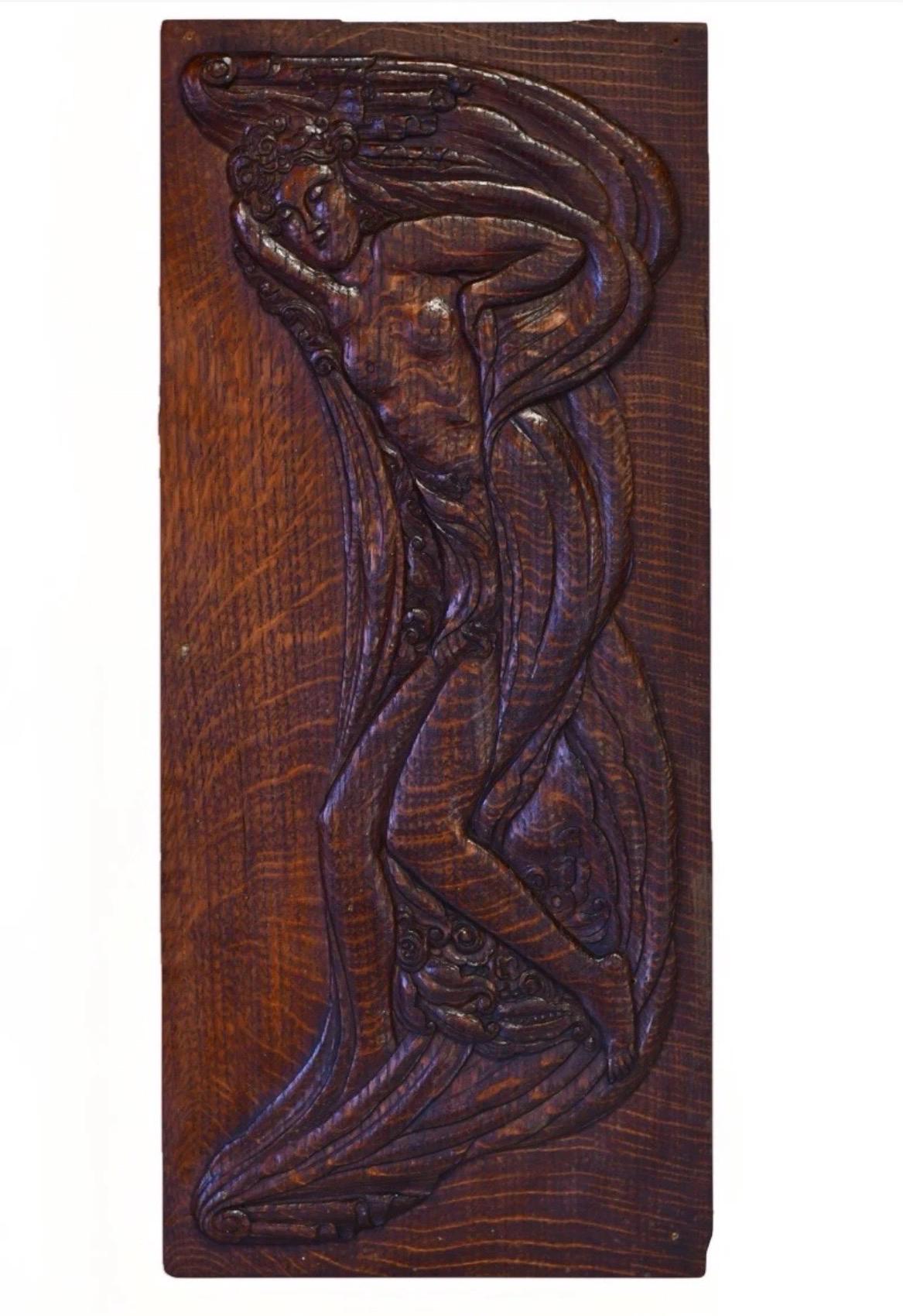Antique Art Nouveau Aphrodite Venus Handcarved Art Relief on Oak Panel