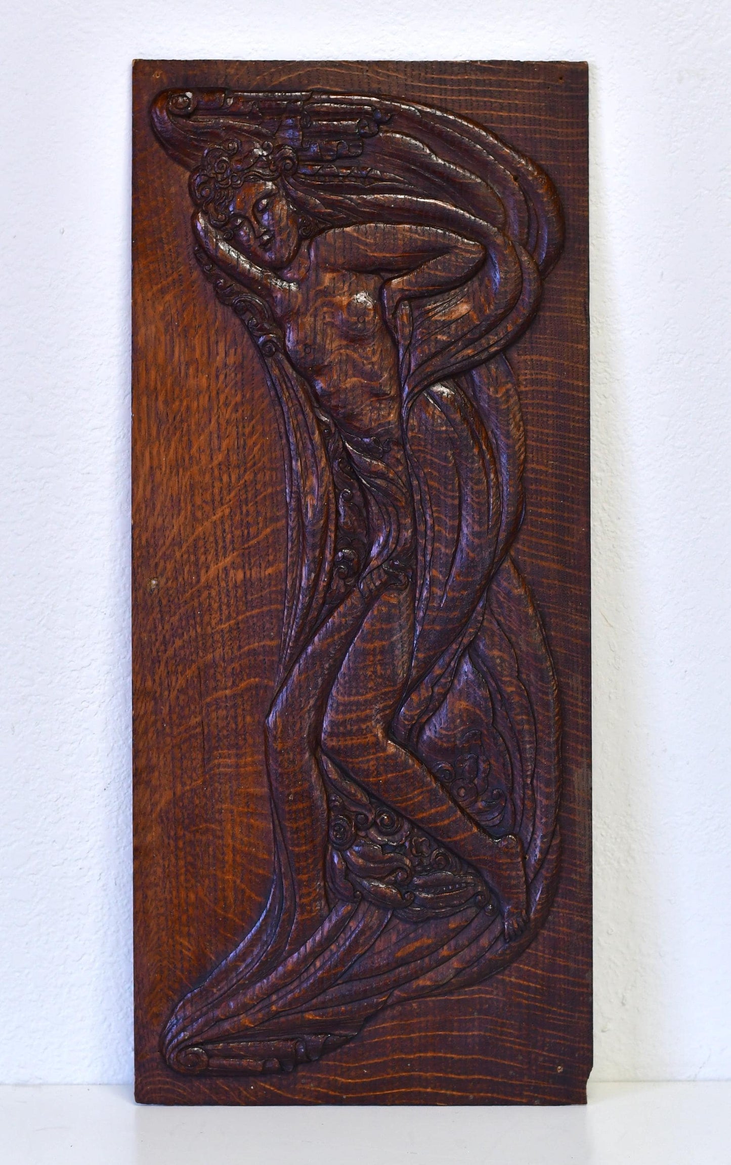 Antique Art Nouveau Aphrodite Venus Handcarved Art Relief on Oak Panel