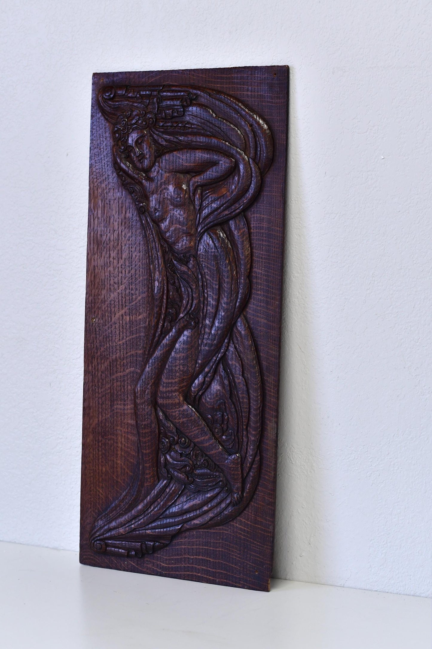 Antique Art Nouveau Aphrodite Venus Handcarved Art Relief on Oak Panel