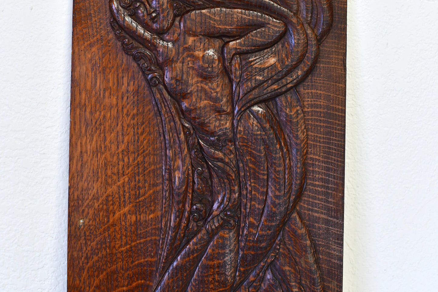 Antique Art Nouveau Aphrodite Venus Handcarved Art Relief on Oak Panel