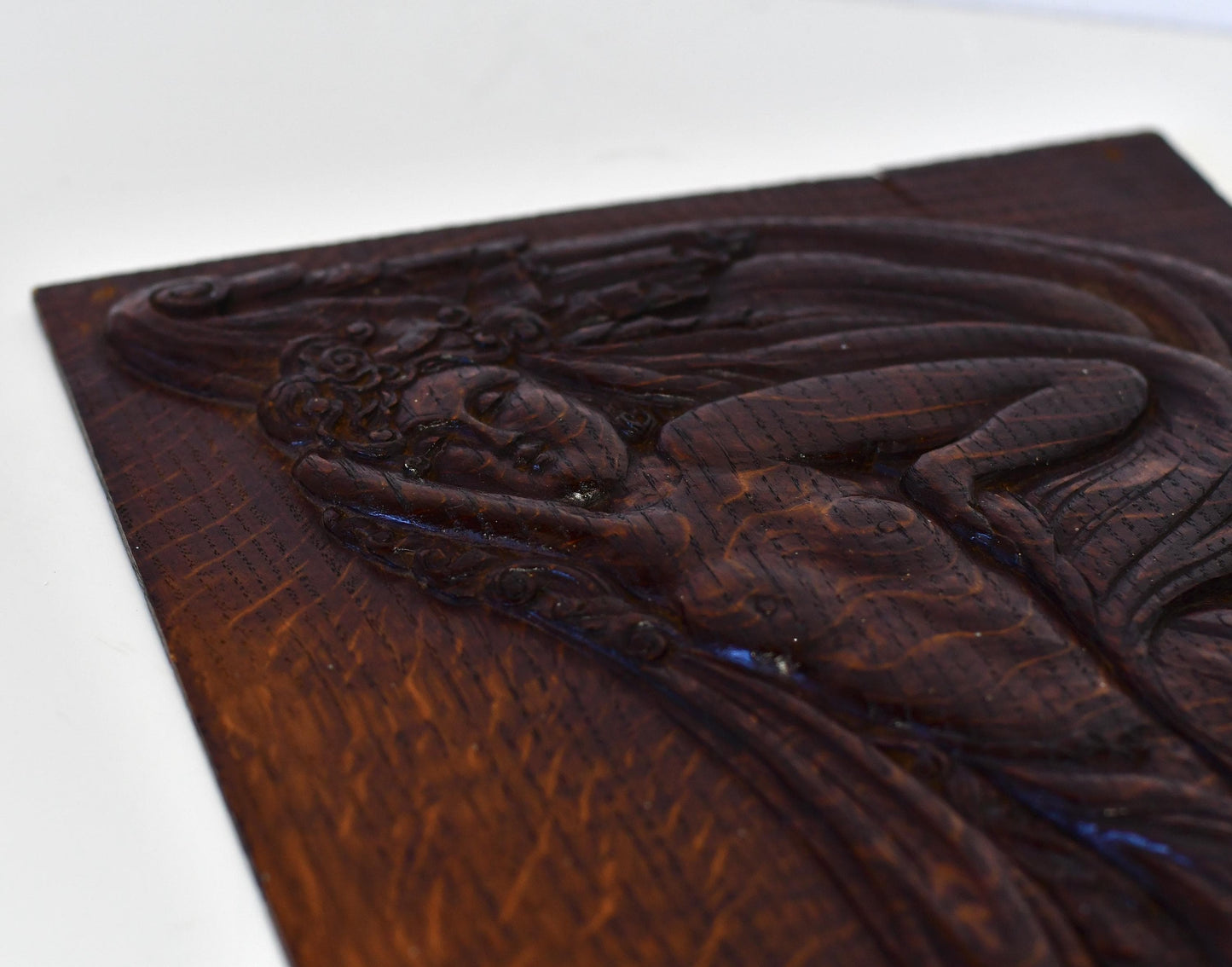 Antique Art Nouveau Aphrodite Venus Handcarved Art Relief on Oak Panel