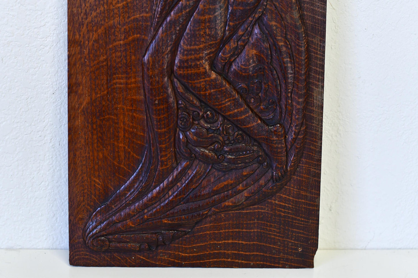 Antique Art Nouveau Aphrodite Venus Handcarved Art Relief on Oak Panel