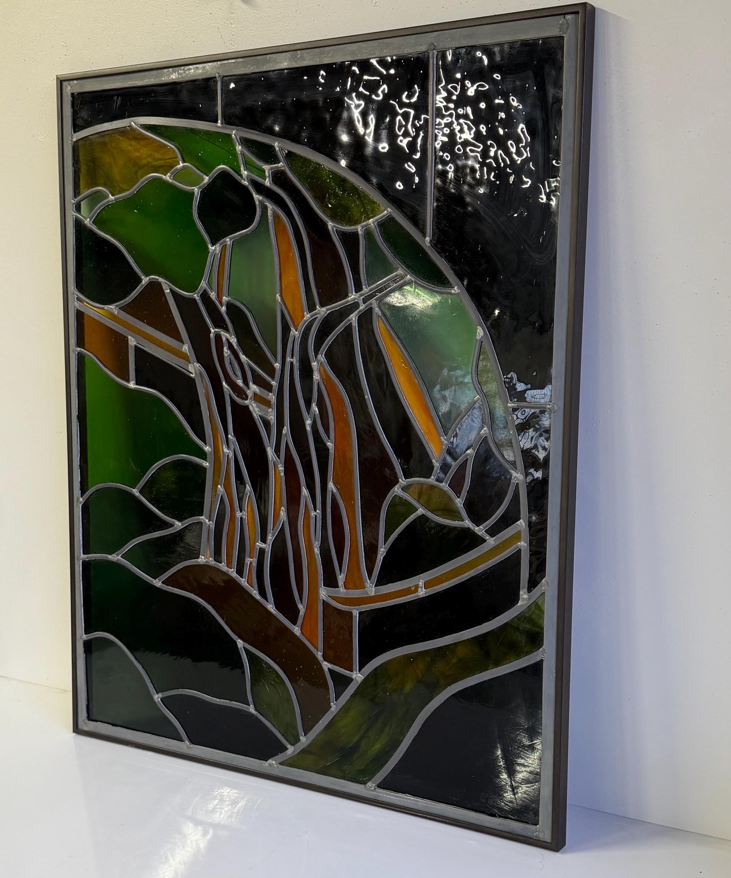 Vintage Stained Glass Window Panel Art Signed GFB Tiffany Style 31” X 25”