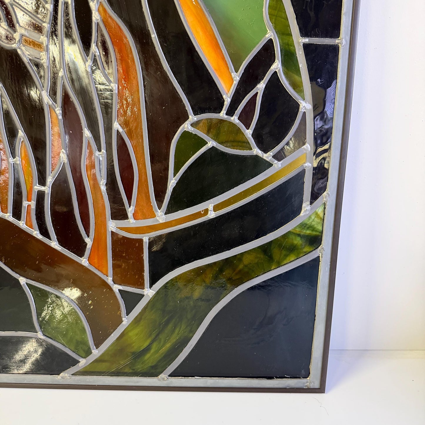 Vintage Stained Glass Window Panel Art Signed GFB Tiffany Style 31” X 25”