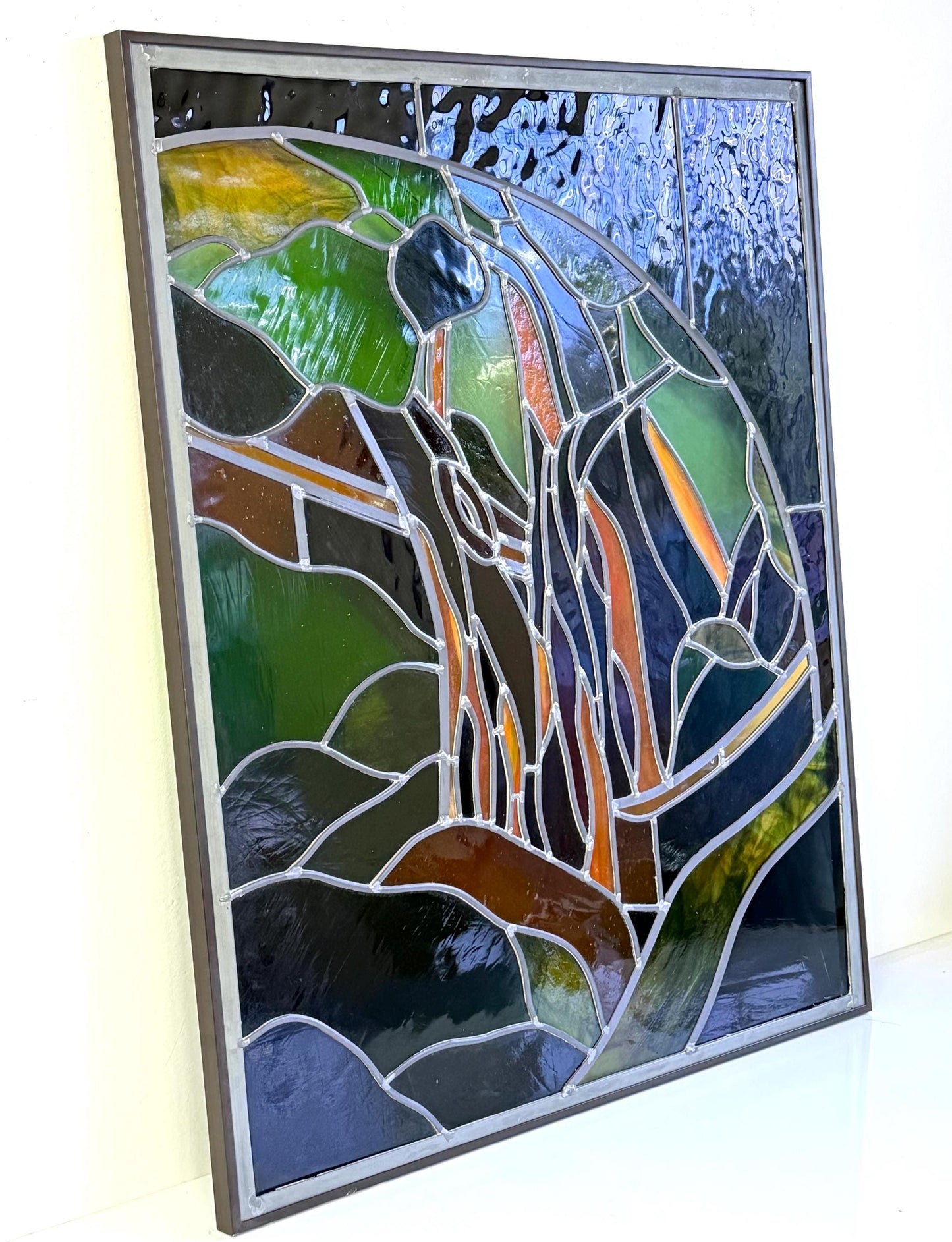 Vintage Stained Glass Window Panel Art Signed GFB Tiffany Style 31” X 25”
