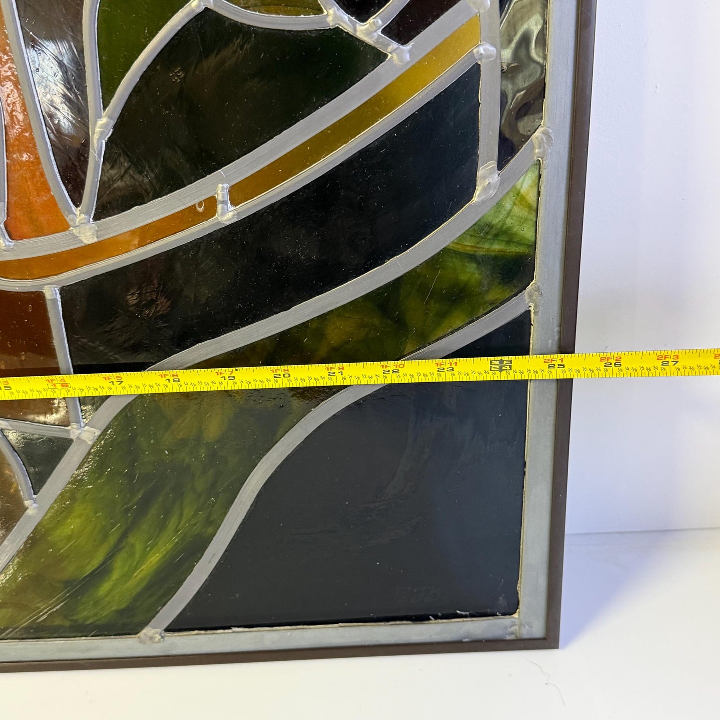 Vintage Stained Glass Window Panel Art Signed GFB Tiffany Style 31” X 25”