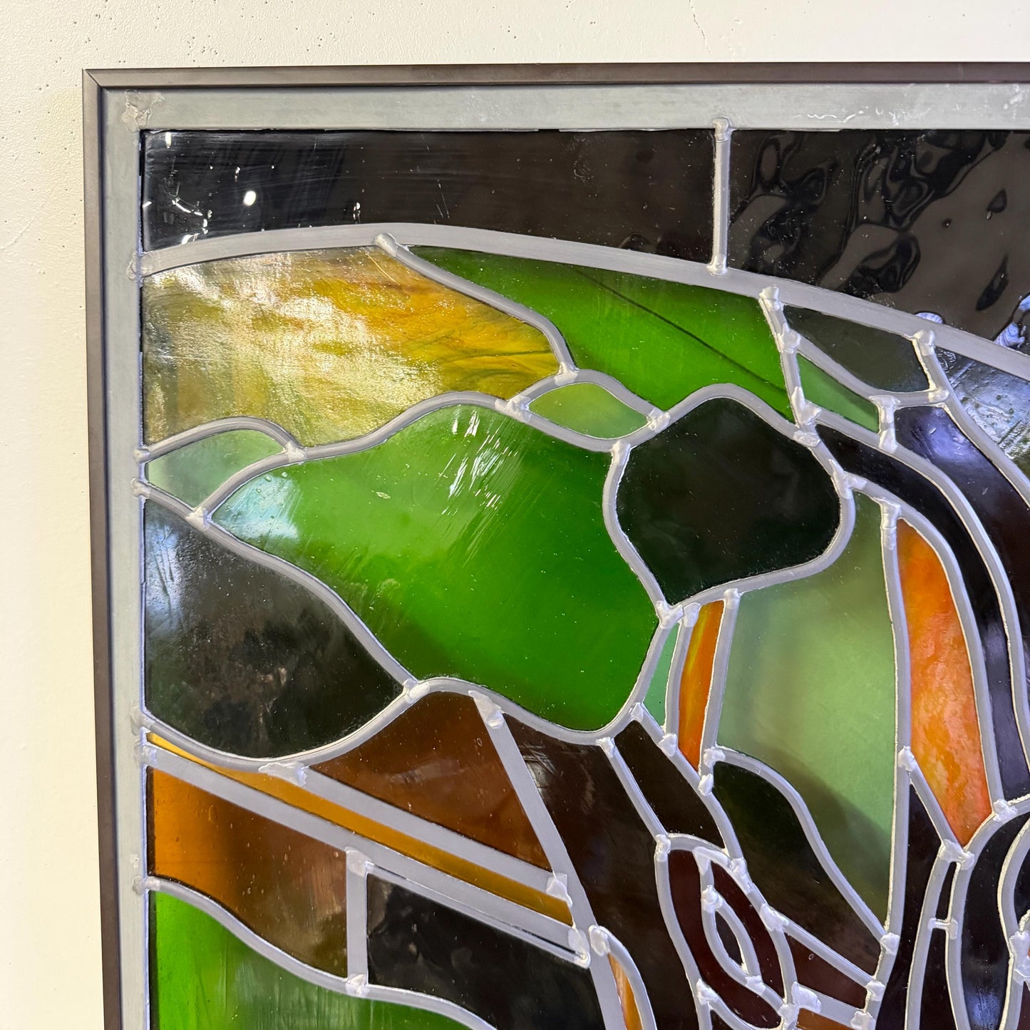 Vintage Stained Glass Window Panel Art Signed GFB Tiffany Style 31” X 25”