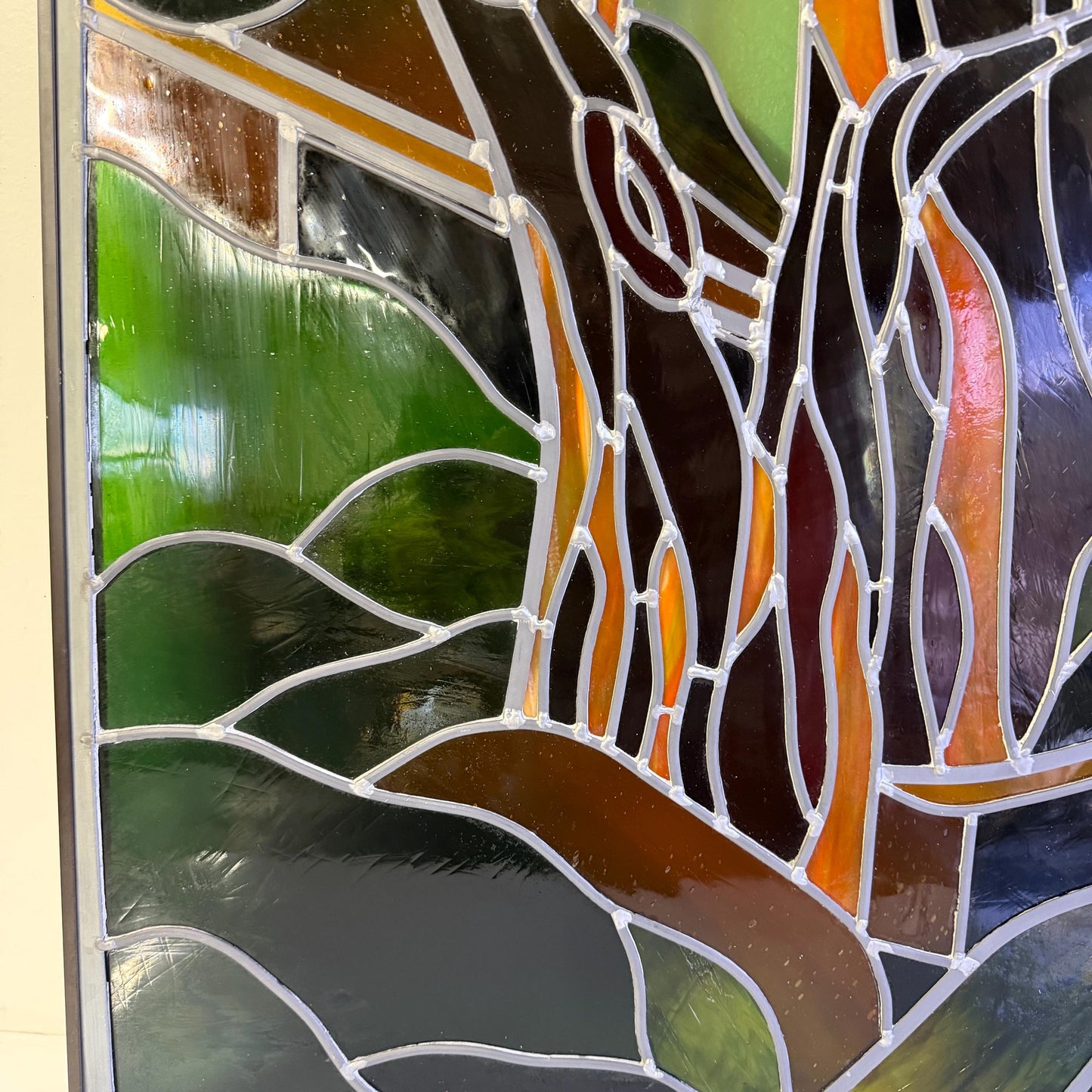 Vintage Stained Glass Window Panel Art Signed GFB Tiffany Style 31” X 25”