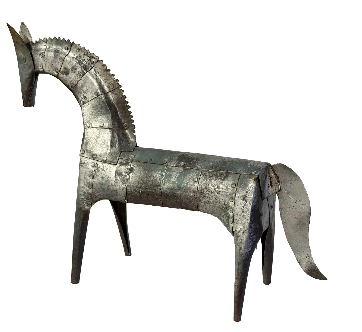 Vintage Mid Century Handmade Riveted Metal Horse Sculpture 20” Tall
