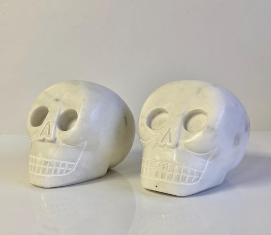 Vintage Pair Of Marble Hand carved Carved Skull Bookends