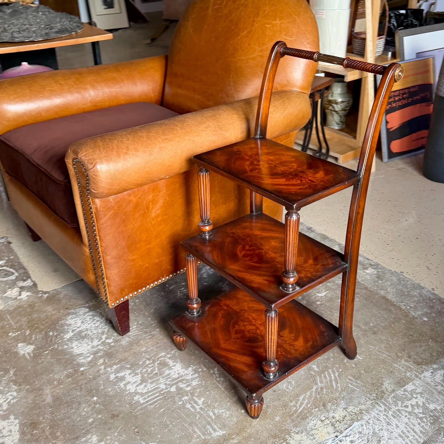 Vintage Mahogany & Brass  Three-Step Library Ladder Shelves