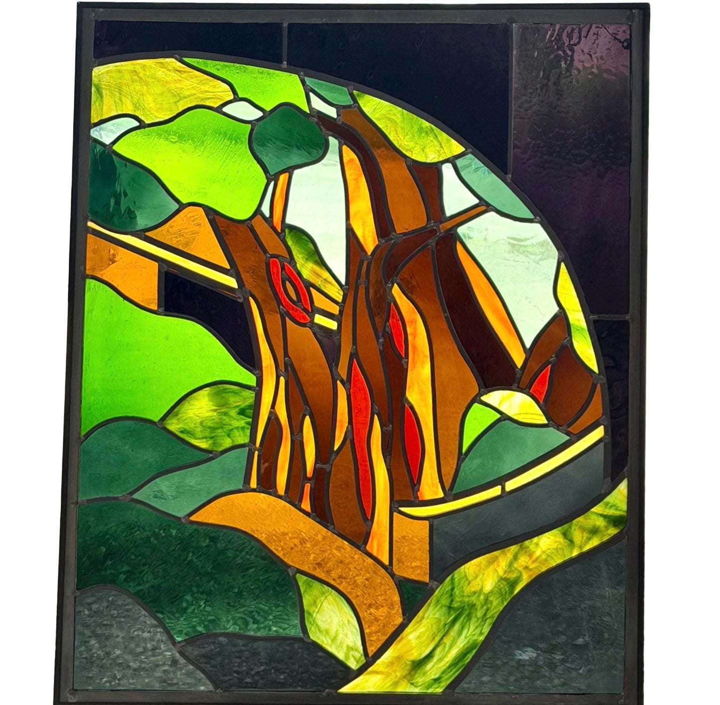 Vintage Stained Glass Window Panel Art Signed GFB Tiffany Style 31” X 25”