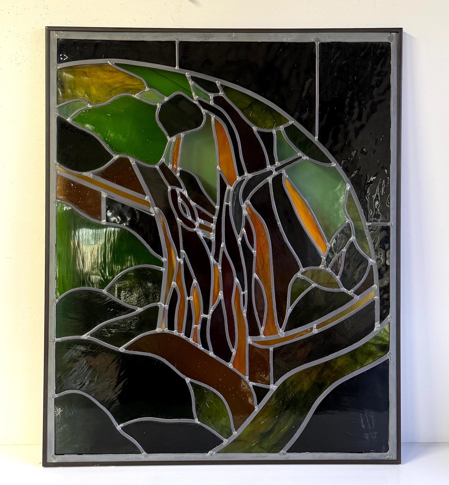 Vintage Stained Glass Window Panel Art Signed GFB Tiffany Style 31” X 25”