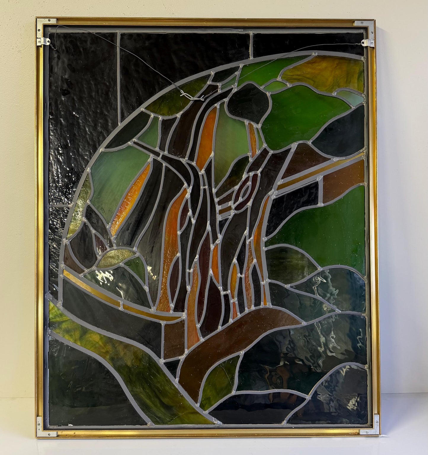 Vintage Stained Glass Window Panel Art Signed GFB Tiffany Style 31” X 25”