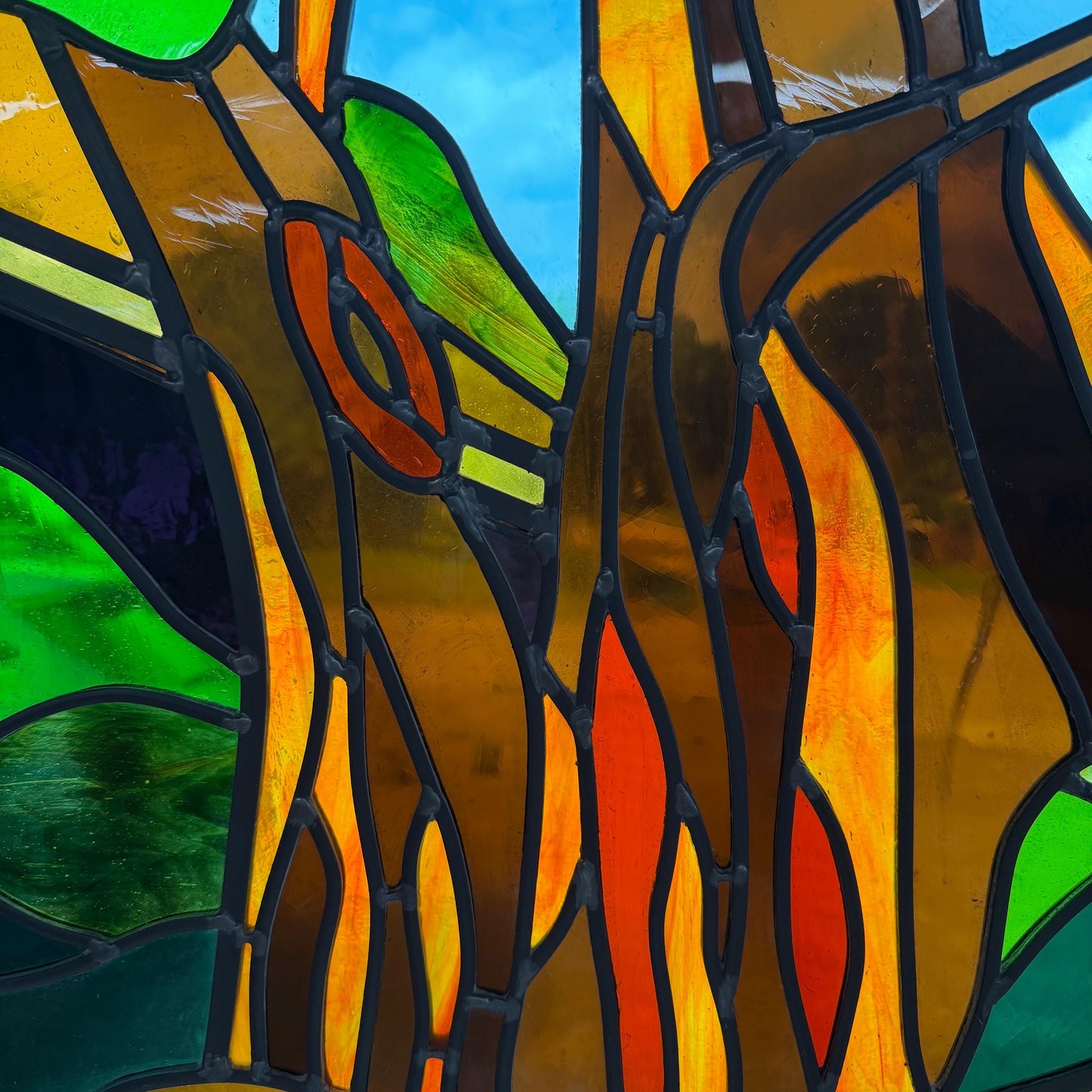 Vintage Stained Glass Window Panel Art Signed GFB Tiffany Style 31” X 25”