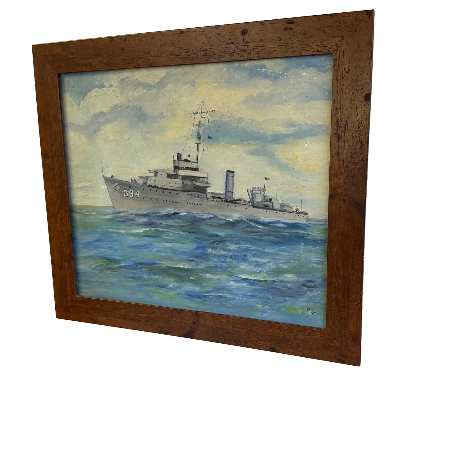 Original Folk Art Painting Of US Navy Destroyer Ship Signed B. Sike 33” X 29”