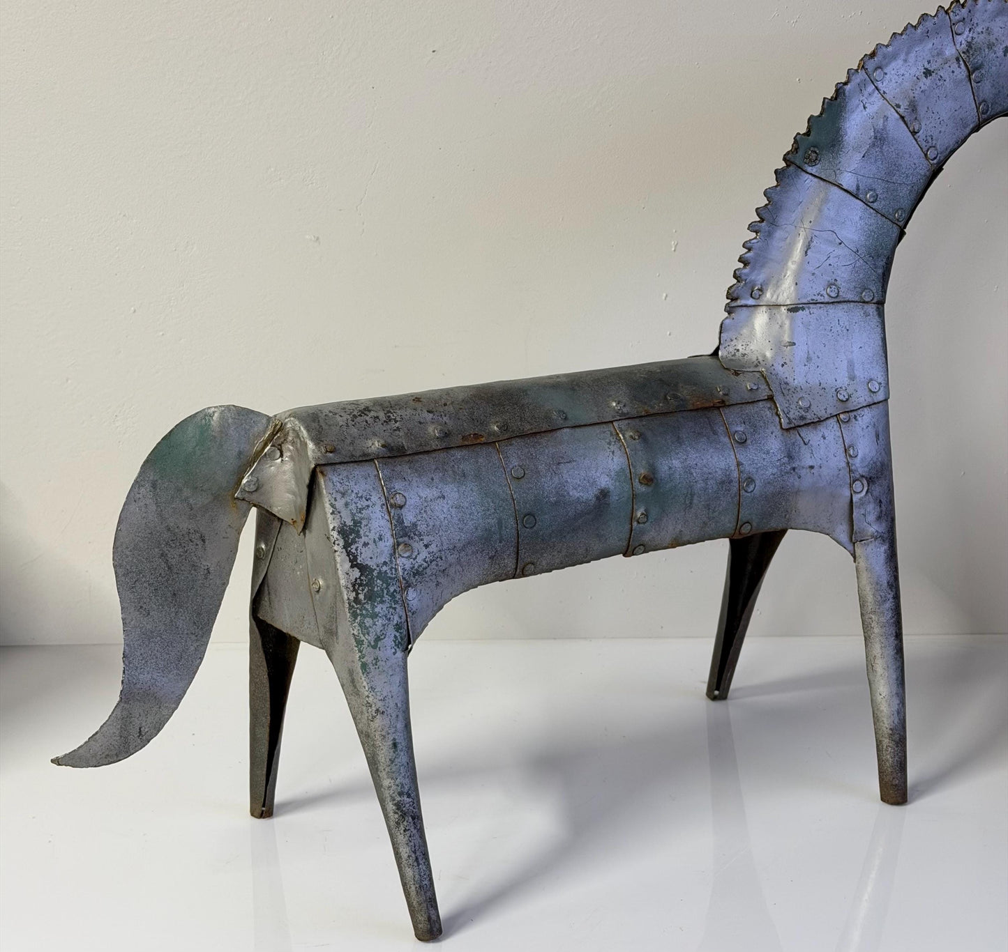 Vintage Mid Century Handmade Riveted Metal Horse Sculpture 20” Tall