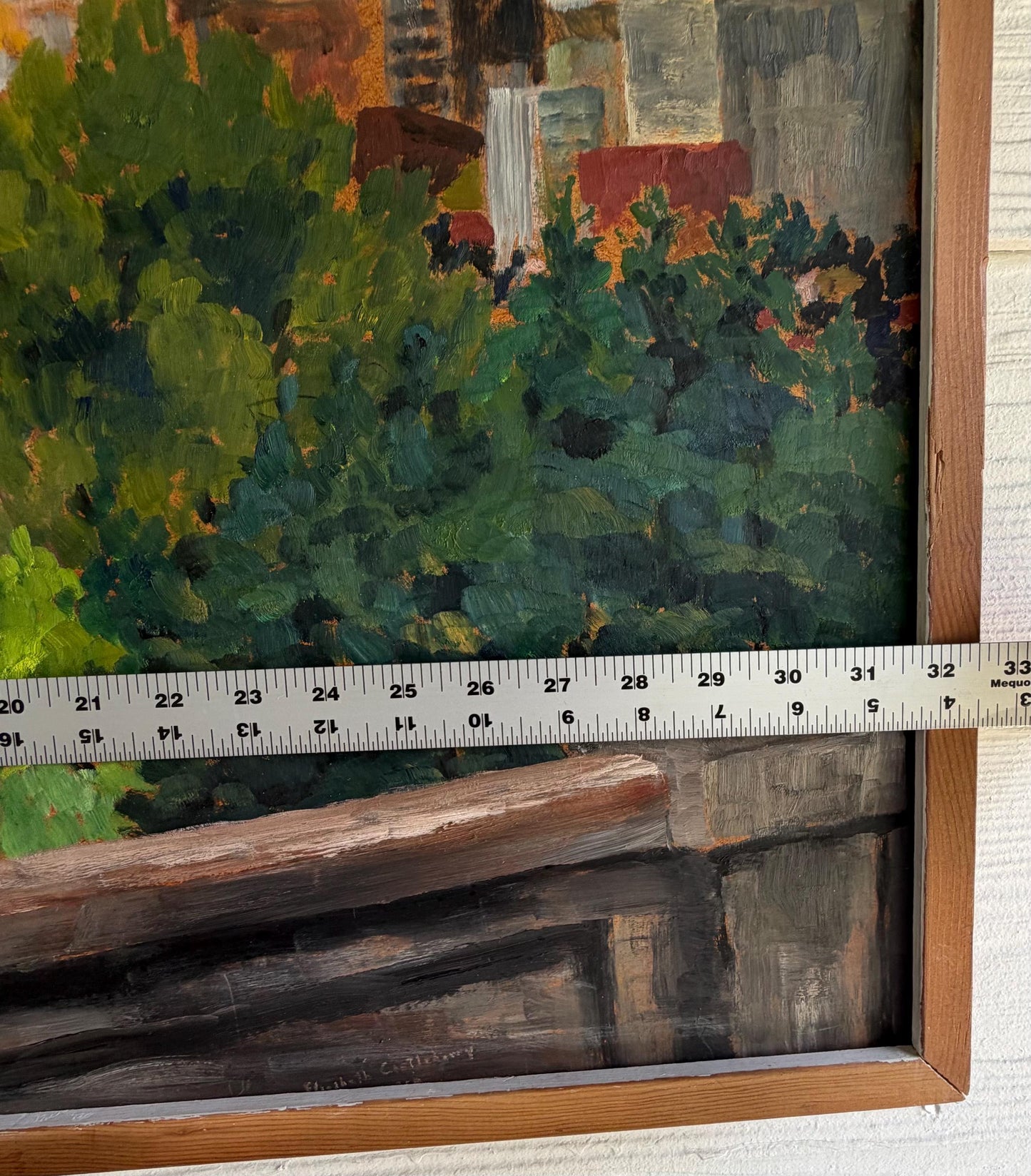 Vintage Original City Skyline Painting Signed Elisabeth Castleberry 1959 32 X 23