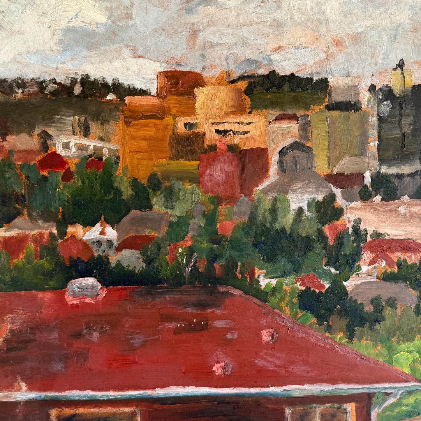Vintage Original City Skyline Painting Signed Elisabeth Castleberry 1959 32 X 23