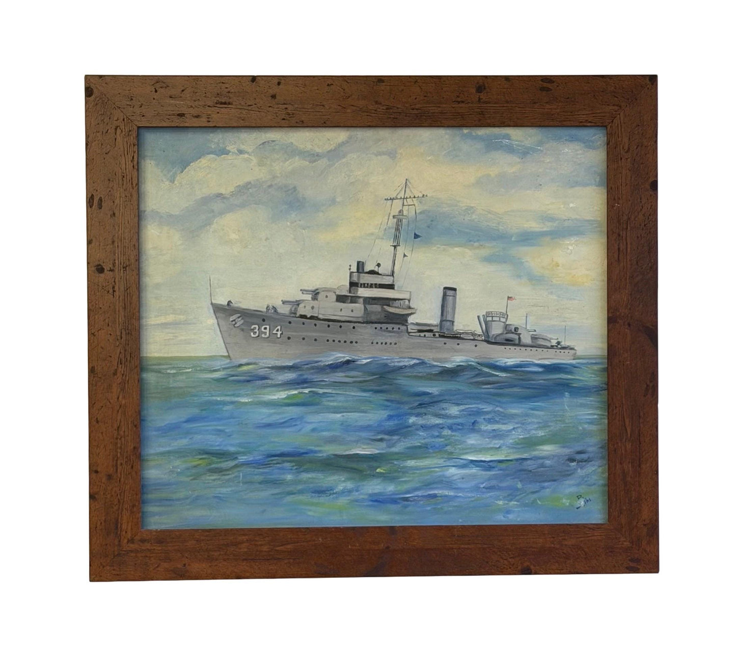 Original Folk Art Painting Of US Navy Destroyer Ship Signed B. Sike 33” X 29”