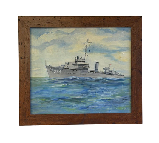Original Folk Art Painting Of US Navy Destroyer Ship Signed B. Sike 33” X 29”