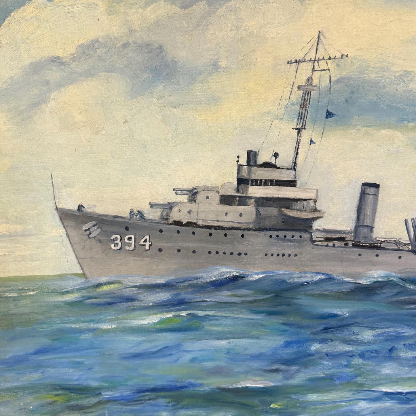 Original Folk Art Painting Of US Navy Destroyer Ship Signed B. Sike 33” X 29”