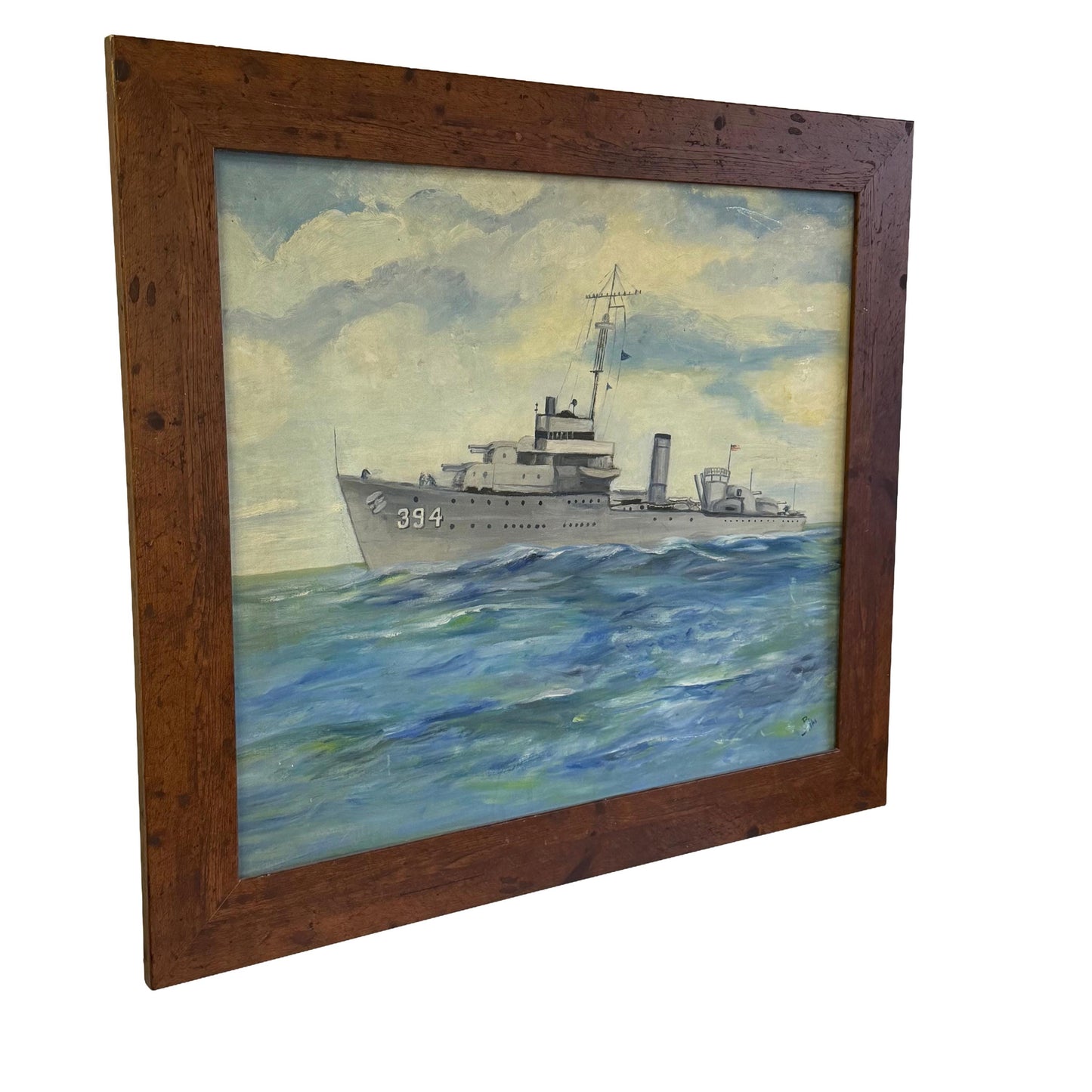 Original Folk Art Painting Of US Navy Destroyer Ship Signed B. Sike 33” X 29”
