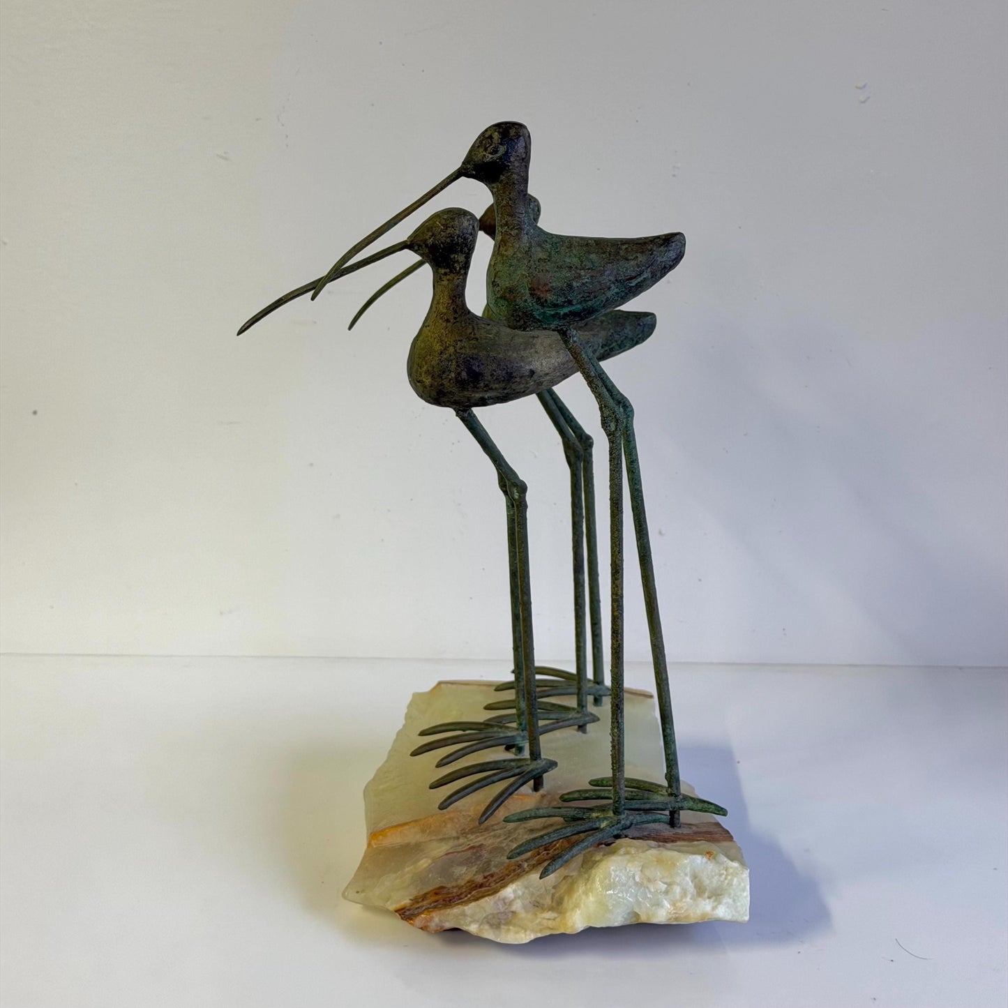 Vintage Mid Century Curtis Jere Bronze  & Quartz 3 Bird Sandpiper Sculpture