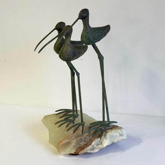 Vintage Mid Century Curtis Jere Bronze  & Quartz 3 Bird Sandpiper Sculpture