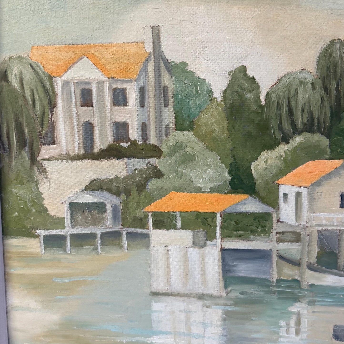 Vintage MCM Original Art Lake House Painting Signed Peggy D McClung