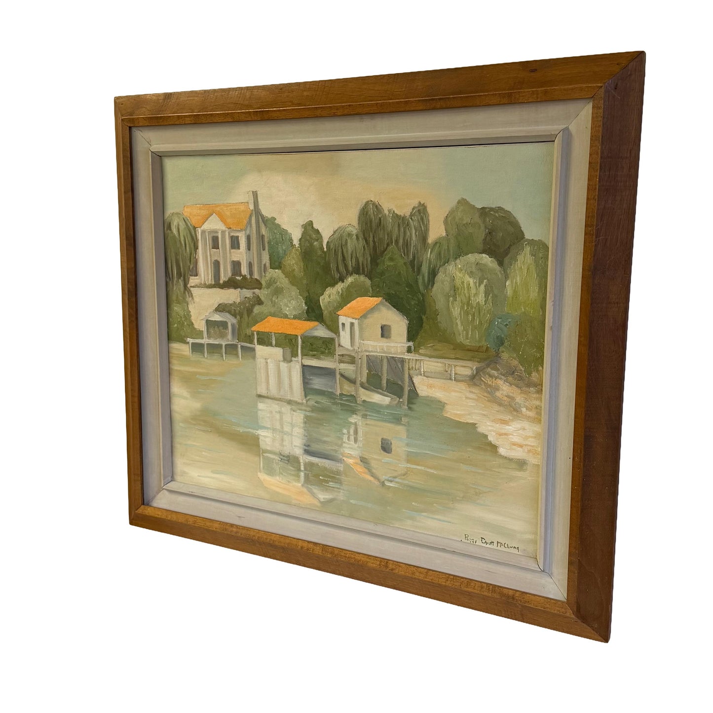 Vintage MCM Original Art Lake House Painting Signed Peggy D McClung