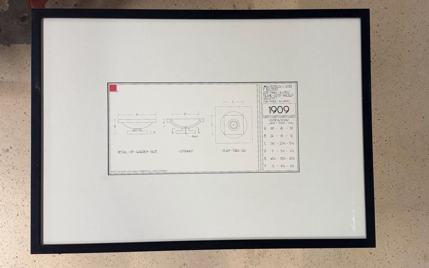 Frank Lloyd Wright Print Robie House Garden Vase Technical Drawing 1997