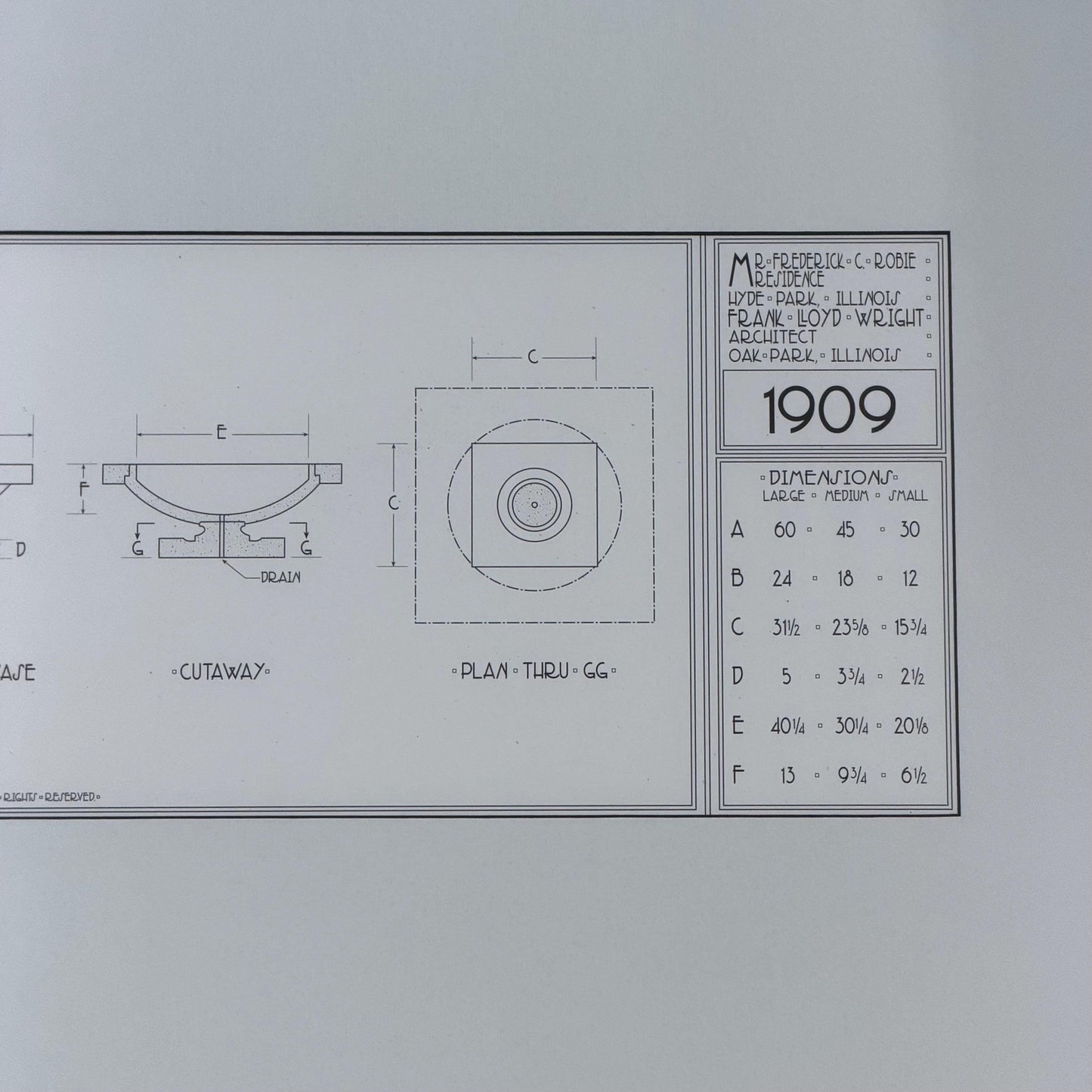 Frank Lloyd Wright Print Robie House Garden Vase Technical Drawing 1997