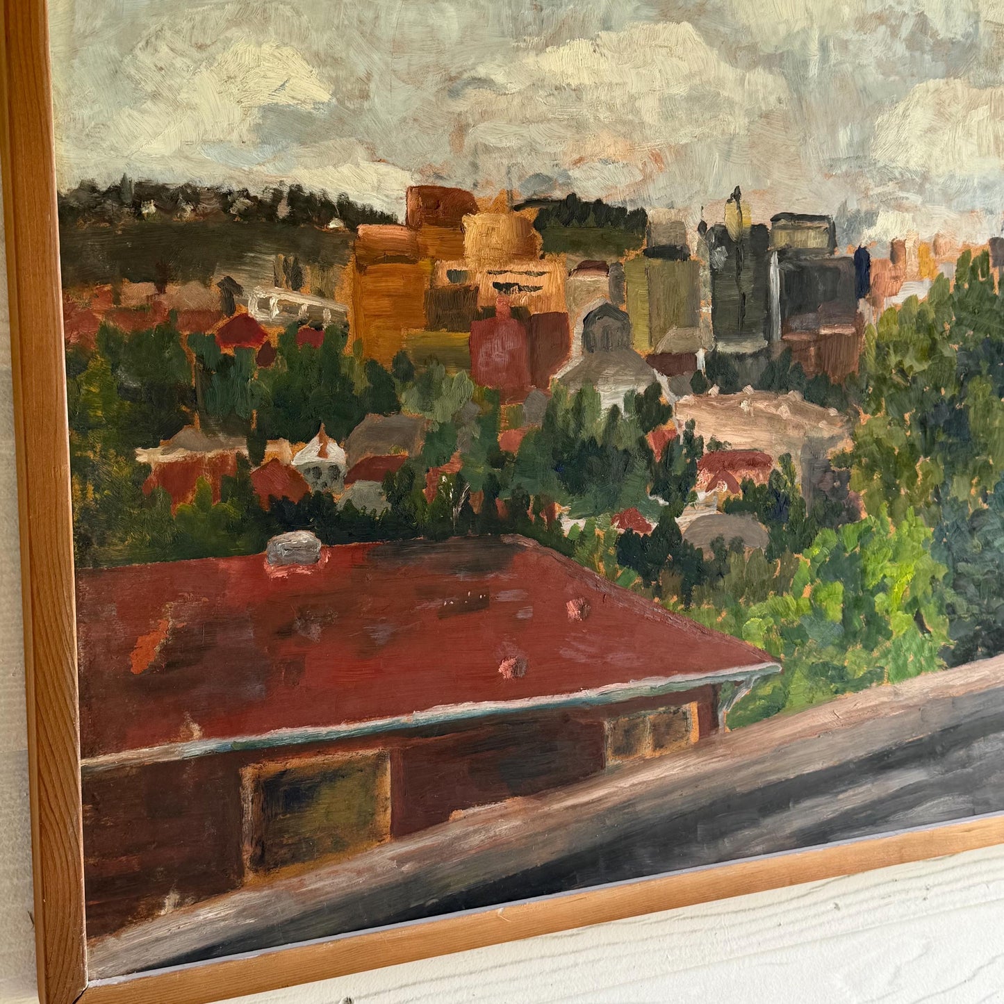 Vintage Original City Skyline Painting Signed Elisabeth Castleberry 1959 32 X 23