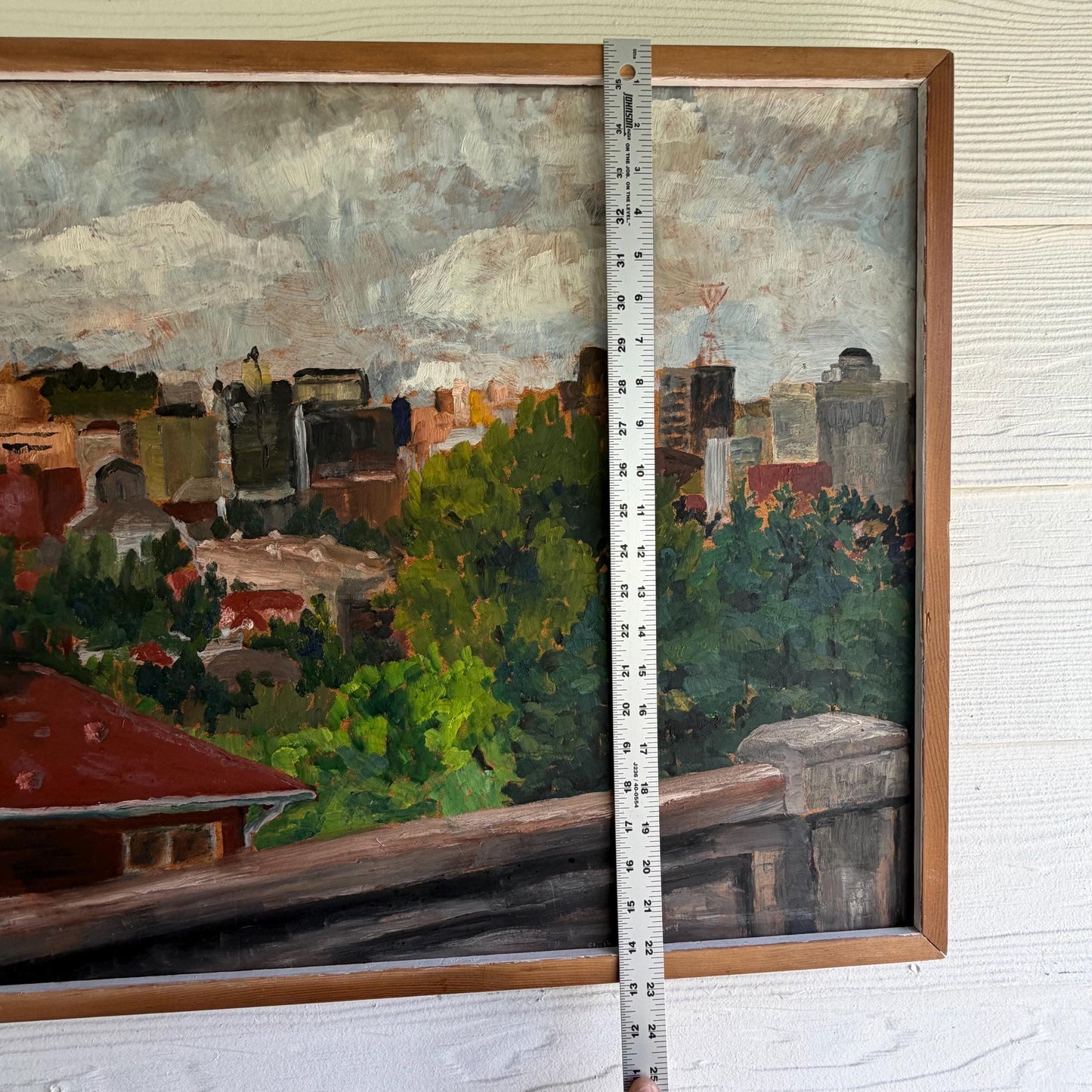 Vintage Original City Skyline Painting Signed Elisabeth Castleberry 1959 32 X 23