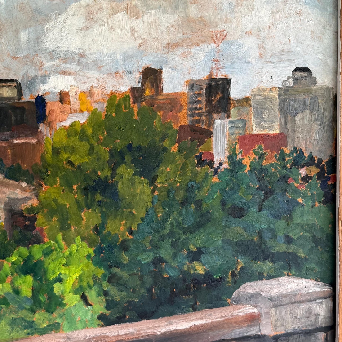 Vintage Original City Skyline Painting Signed Elisabeth Castleberry 1959 32 X 23