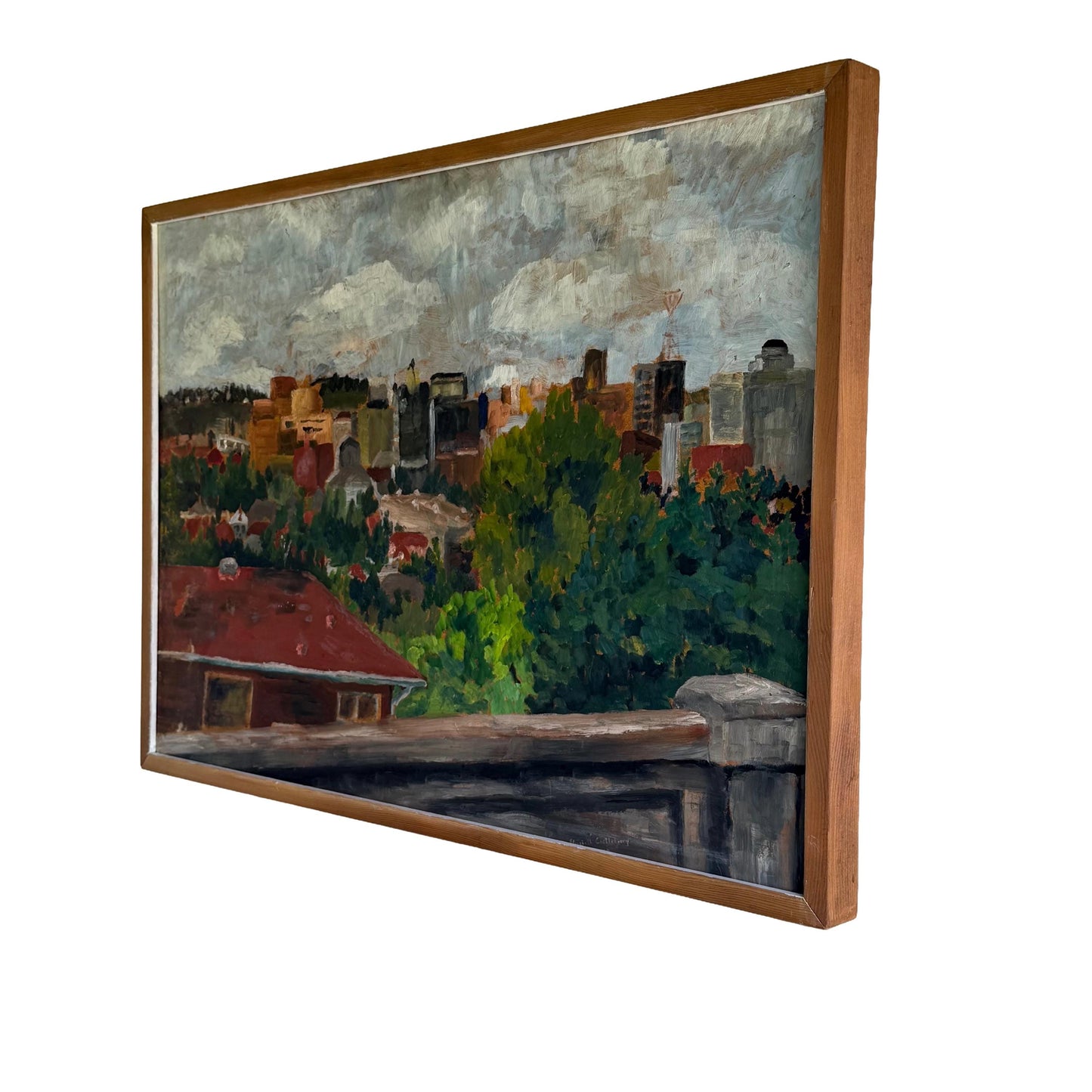 Vintage Original City Skyline Painting Signed Elisabeth Castleberry 1959 32 X 23